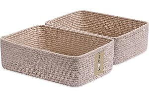 MiniArk Large Shallow Organizing Baskets 15x11x5.1 Inches - Rope Woven Storage Bins for Bathroom, Shelves, Cube Closet, Mixed Brown 2 Packs