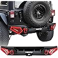 OEDRO Rear Bumper for Jeep Compatible with 2007-2018 Jeep Wrangler JK JKU Unlimited, Equipped with 2'' Hitch Receiver, Paintable Armor, 2 x 18W LED Lights & D-Rings for 2/4 Door Models, Black