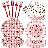 96 Pcs Cherry Party Decorations Tableware Set for Girls Kids Baby Shower Includes Plates Napkins Forks Cartoon Cherry Themed Birthday Theme Party Supplies for 24 Guests