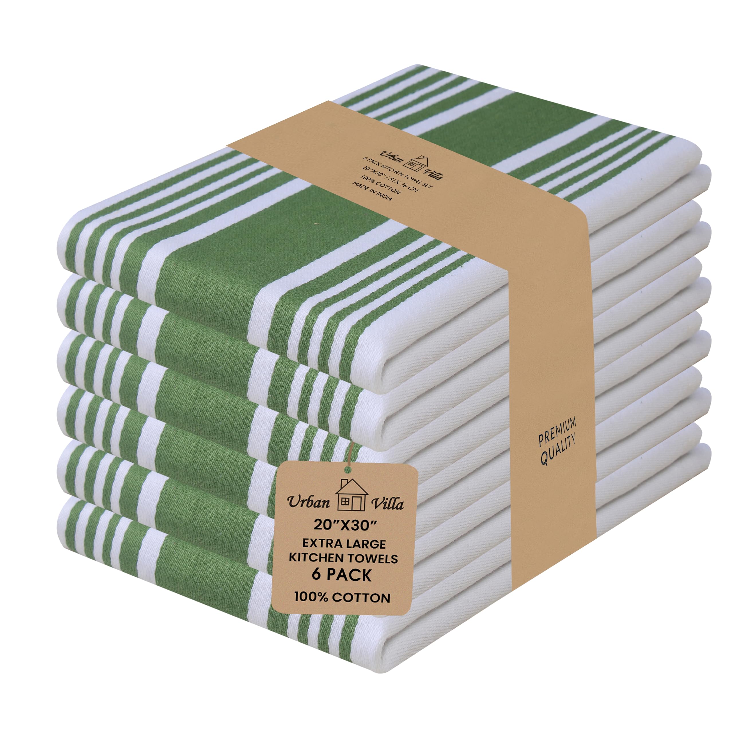 Urban Villa Kitchen Towels,Trendy Stripes, 100% Cotton Dish Towels, Mitered Corners, (Size: 51x76 CMS),Olive Green/White Highly Absorbent Bar Towels & Tea Towels - (Set of 6)
