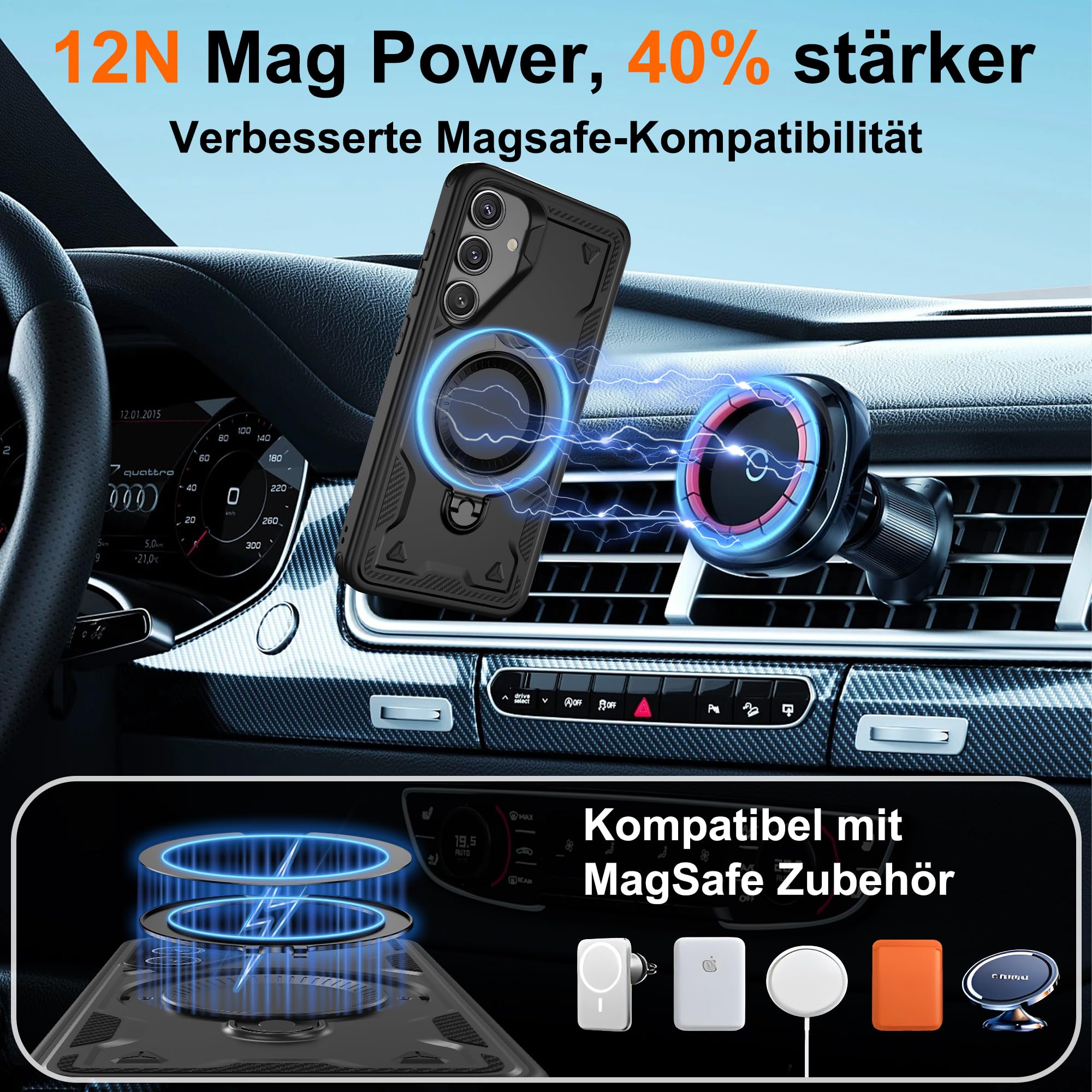 Jshru Samsung Galaxy S24/S25 Hülle Kompatibel mit Magsafe Handyhülle, mit 2Stk HD-Schutzfolie Magnetische Schutzhülle, 360° Drehbare Ringhalter Stoßfeste Case für Samsung Galaxy S24/S25,Schwarz 3