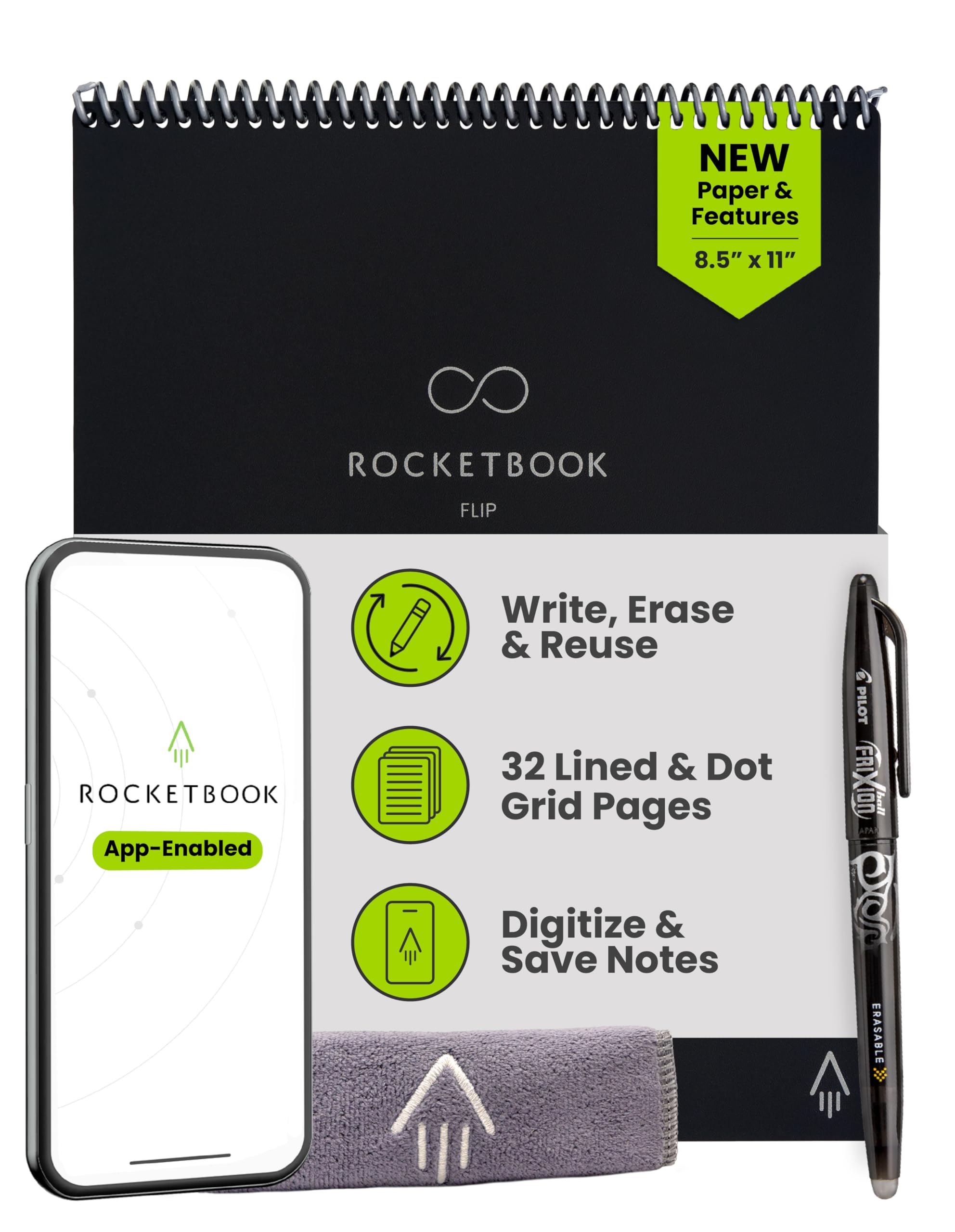 Rocketbook Flip Reusable Smart Notepad, Top Bound Spiral Notebook Lined and Dotted Pages Letter Size 8.5x11, Premium, Black (Pack of 1) Image