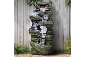 SunJet 60" High 7-Tiers Cascading Rock Outdoor Water Fountain with LED Lights - Large Outdoor Fountains and Waterfalls for Garden or Patio, Yard, and Deck Decor, Featuring Natural Stone Look