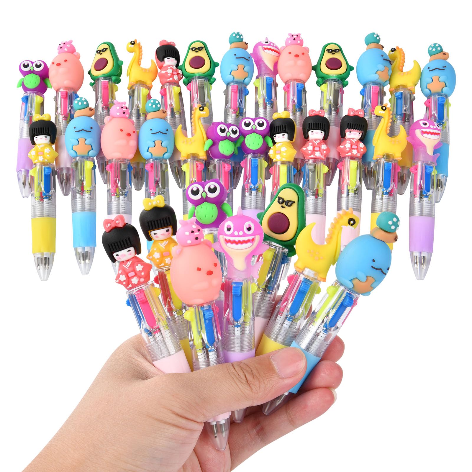AUAUY Cute Multicolor Ballpoint Pen, 32Pcs Fun Cartoon 4 Color Pen Set, Multi Pens 4 in 1, Retractable Ballpoint Pens, Party Bag Fillers, Mini Pens for School Supplies Students Gift