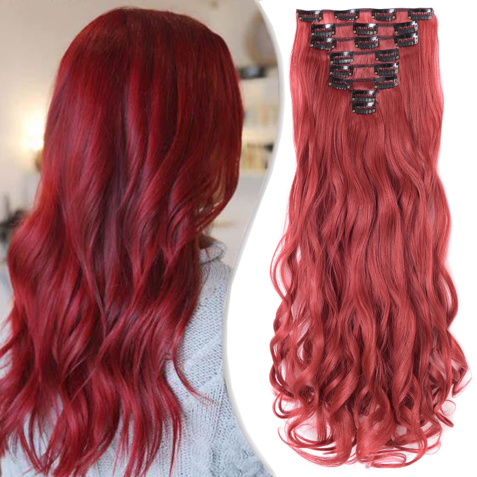 Curly Wavy Clip In Hair Extension Synthetic Matte Material 8 Pieces Clip In Hairpieces Fibre Set 24 Inch/60cm, 140g, Dark Red — image 1