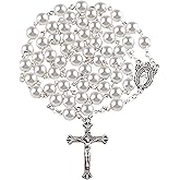 HELLOWIN 8mm Glass Pearl Beads Catholic Rosary Necklace for Men and Women with Flannel Bag
