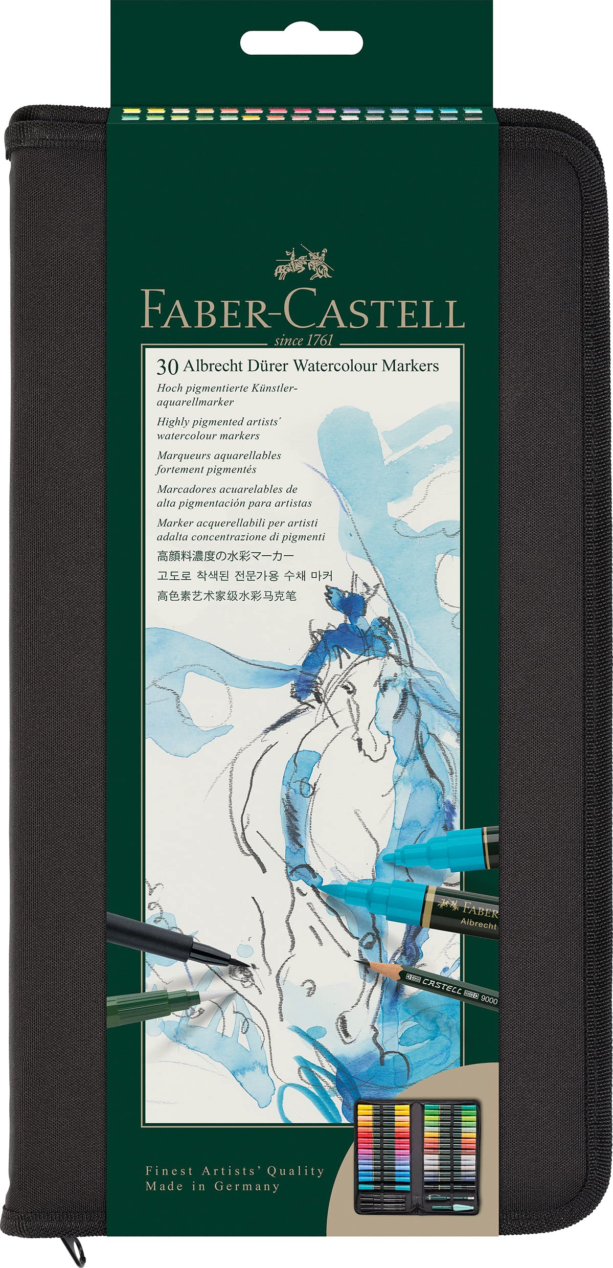 Faber-Castell Albrecht Dürer Watercolour Marker, Outdoor Set of 30, Soft Brush Tip for all-over Colour, Dynamic Sketches, Sturdy Fibre Tip for Outlines, Detailed Drawings, Precise Lines