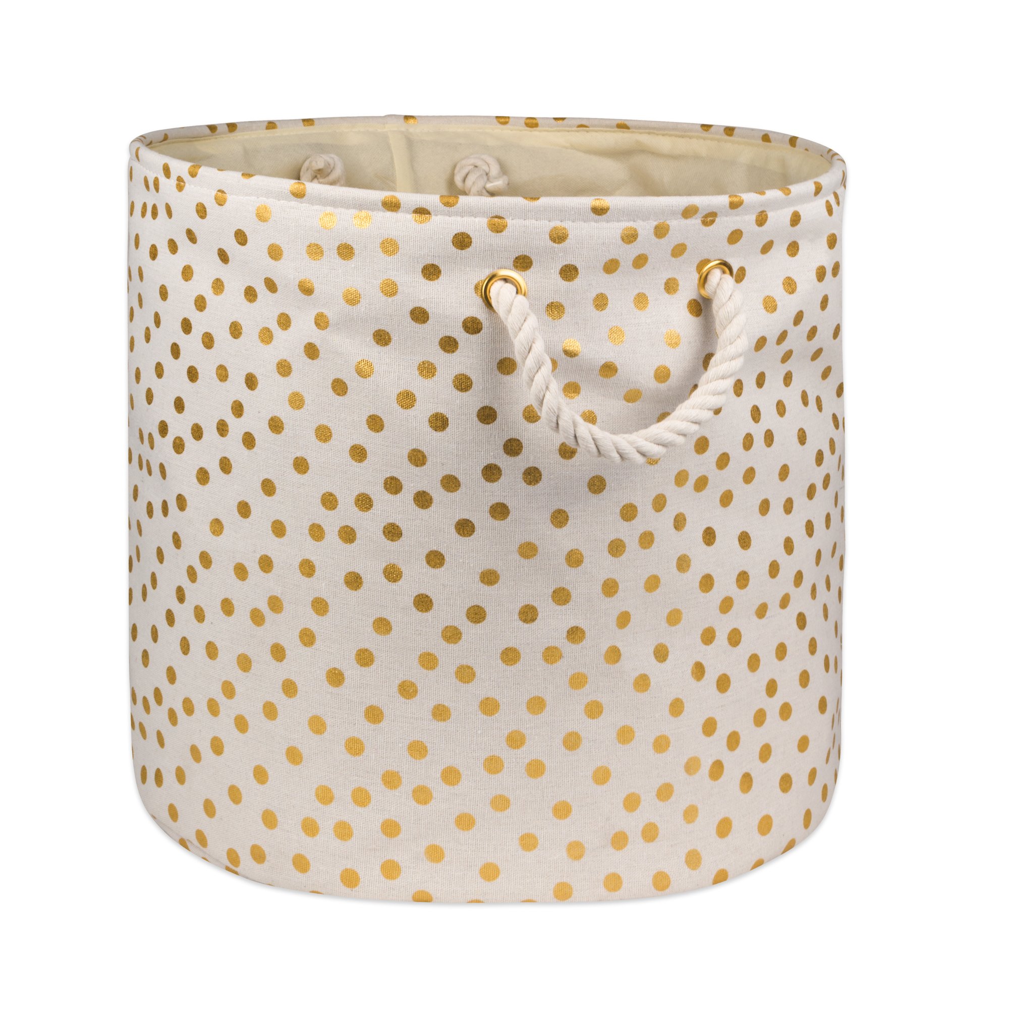 Photo 1 of DII Polyester Storage Bin, Gold Metallic Collection Collapsible with Handles, Large Round, Natural Off-White
