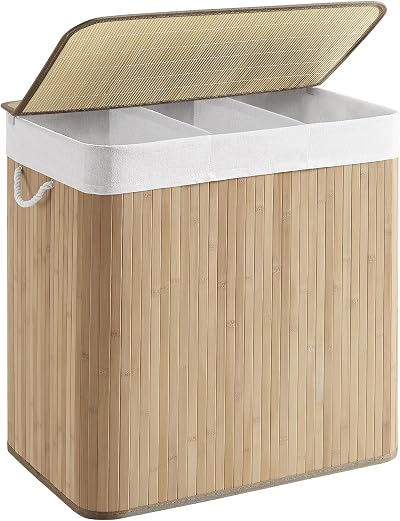 SONGMICS LCB091N01 150L 3-Compartment Laundry Basket with Bamboo Lid