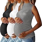 Riyiper 3 Pack 92% Cotton Mock Turtleneck Maternity Tank Tops, Ribbed Sleeveless Side Ruched Slim Pregnancy Shirts for Women