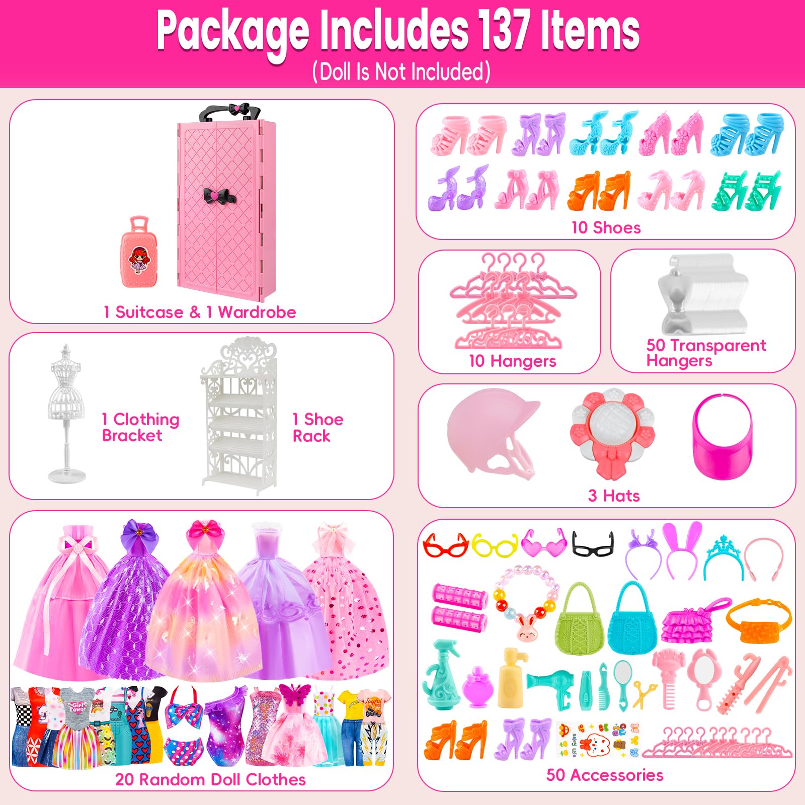 137 Pcs Doll Closet Playset Clothes and Accessories for 11.5 Inch Dolls, Included Princess Dresses,Fashion Dresses,Casual Clothing,Swimsuits,Bags,Shoes,Doll Dress up Toys for Girls Kids Toddlers Gifts