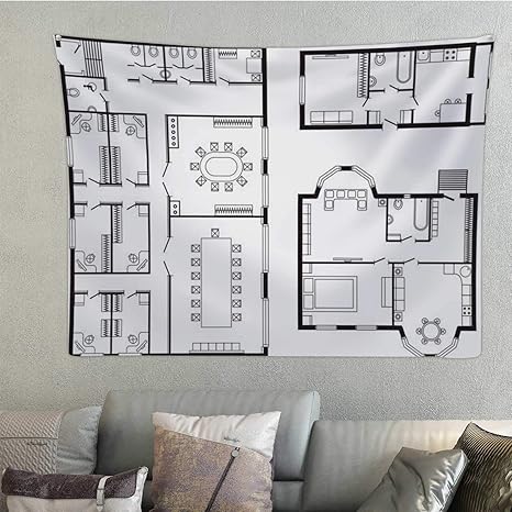 Amazon Com Modern Office Architectural Plan Interior Furniture And Construction Design Drawing Project Illustration Usa Tapestry Wall Hanging Office Room Decor 78 7x59 1 Home Kitchen illustration usa tapestry wall hanging