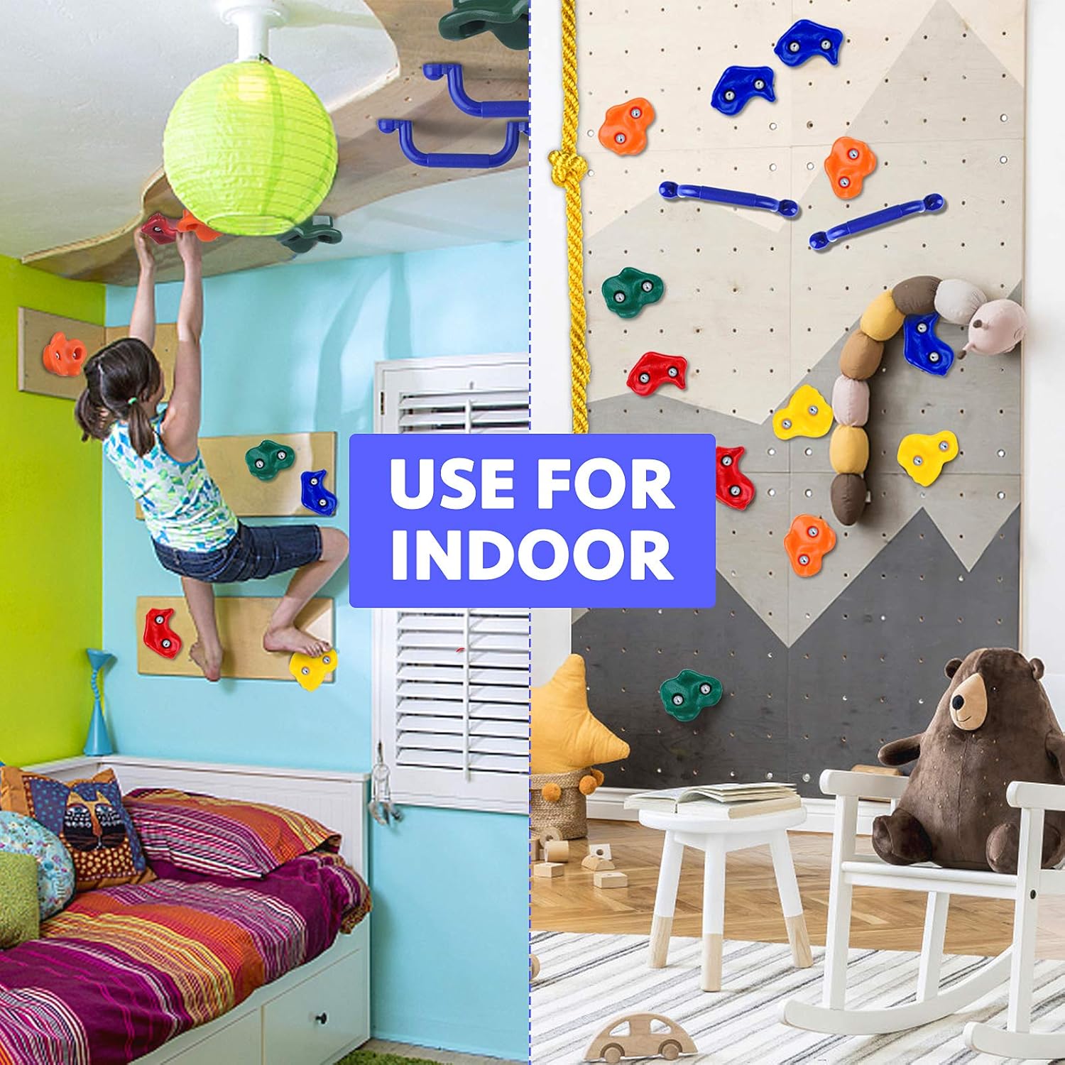 20 Rock Wall Climbing Holds for kids, with 8.53 Foot Climbing Knotted Rope and Handles Indoor and Outdoor Playground Play Set Slide Accessories with 2 Inch Mounting Hardware: Toys & Games