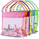 FUTUREPLUSX 6PCS Mesh Beach Bags for Kids, Colorful Small Seashell Collecting Bags Adjustable Strap for Holding Shell Sand Toy