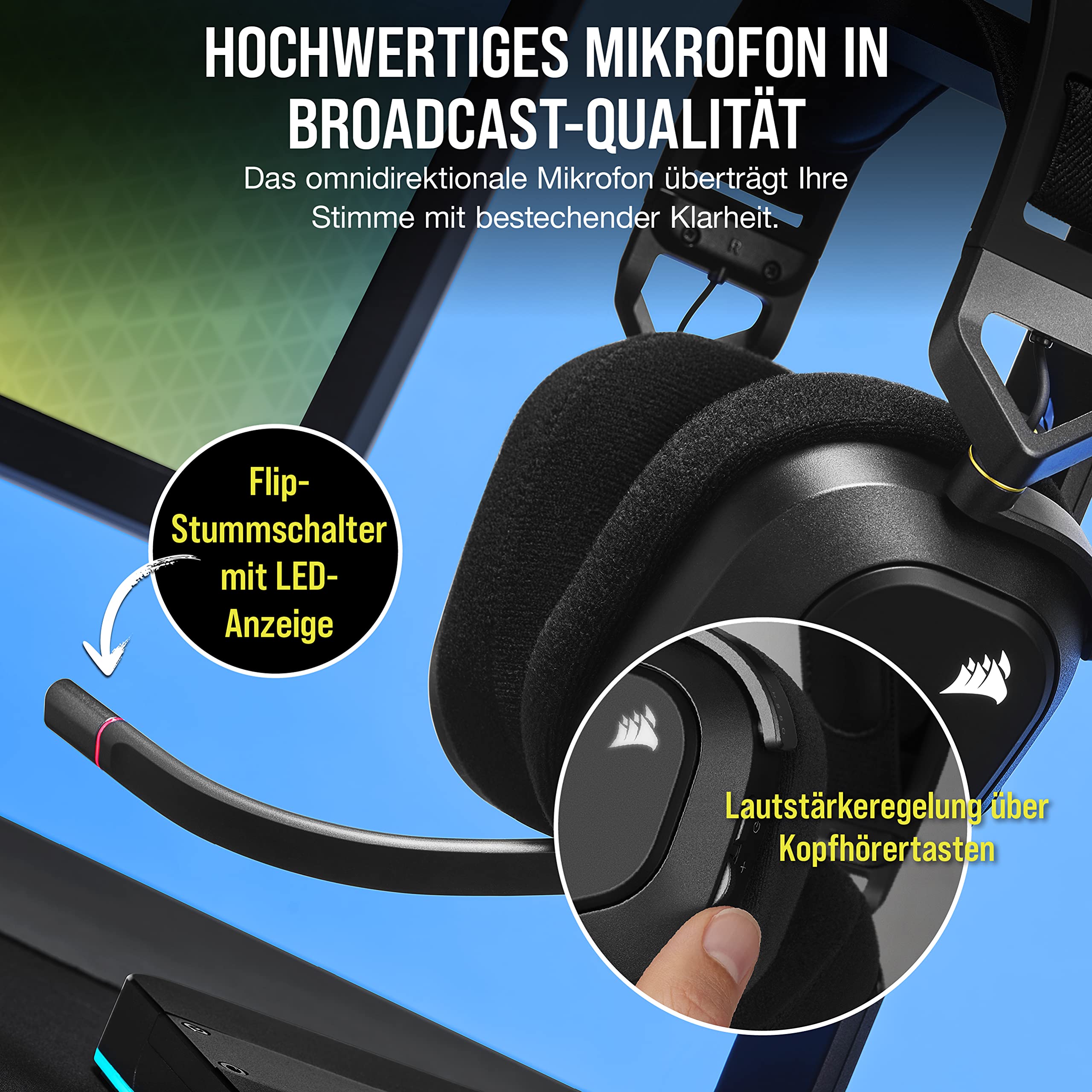 Corsair HS80 RGB Wireless Multiplattform-Gaming-Headset - Dolby Atmos - Omnidirektionales Mikrofon - iCUE-Kompatibel - PC, Mac, PS5, PS4 - Carbon 7