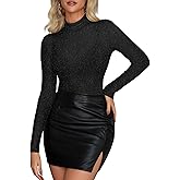 Diosun Womens Mesh Sheer Glitter Tops Turtleneck Long Sleeve Sexy See Through Sparkly Layering Shirts