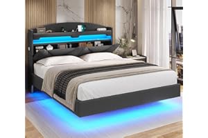 ADORNEVE Queen Floating Bed Frame with USB-C/A Charging Station, LED Bed Frame with Storage Headboard, Upholstered Platform Queen Bed with Shelves, Hidden Storage, Stable Structure,Dark Grey