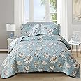 Junsey Beach Quilts Set Twin Size Ocean Theme Bedspreads,3 Pcs Seashell Conch Starfish Coverlet Set Lightweight Reversible Bedding with Pillow Shams,Blue