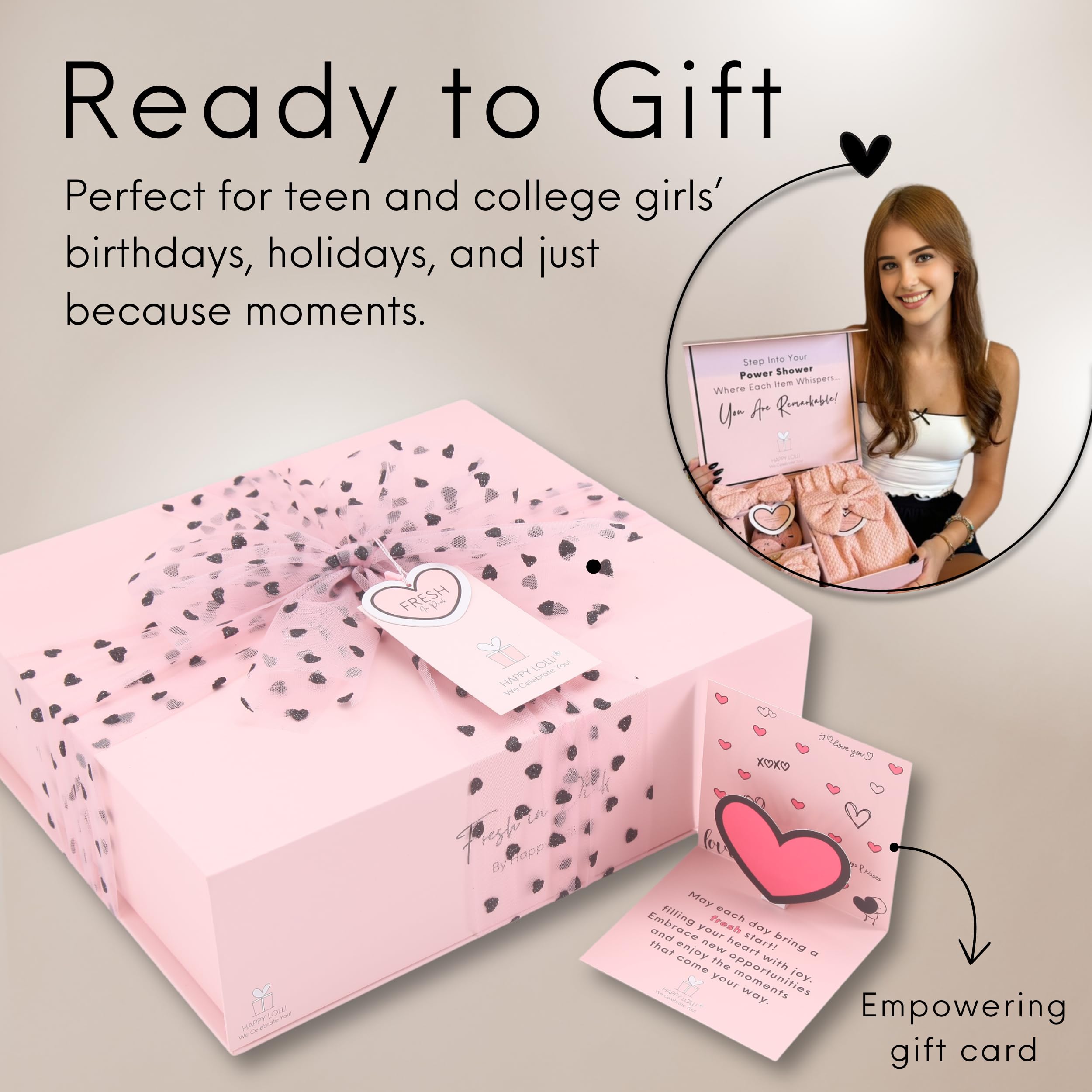 Happy Lolli Power Shower Gift Set – College Essential Bath Accessories for Women and Teen Girls – Includes Body Towel, Hair Towel, Wrist Bands, Headband, Face Sponge and More (Fresh in Pink)