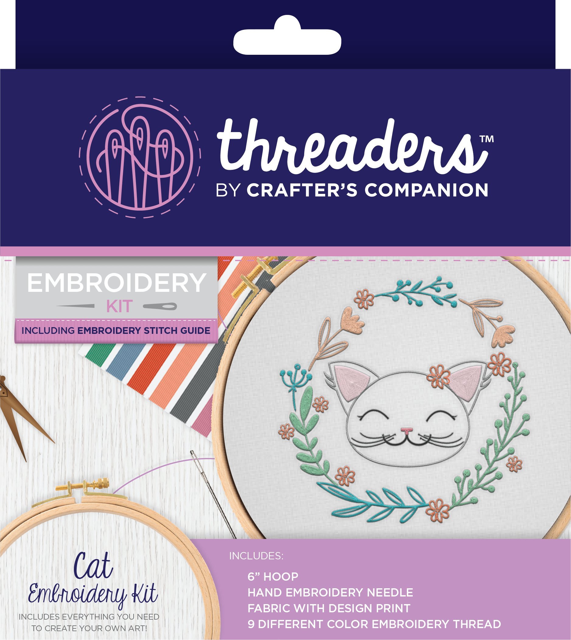 Threaders Embroidery Kit-Cat, Cotton, Multicoloured, 18.5 x 16 x 2 cm