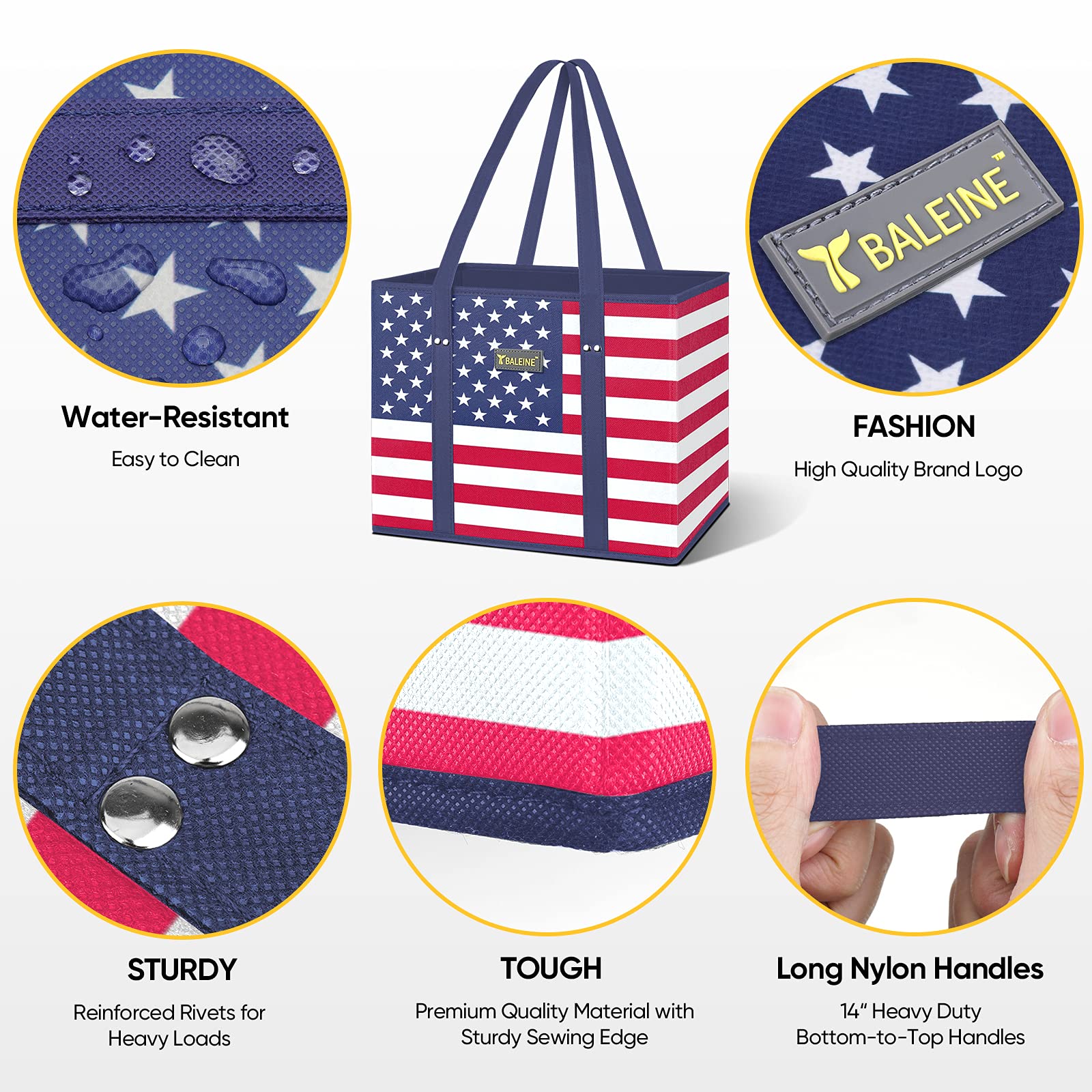 BALEINE 3Pk Reusable Grocery Bags, Foldable Shopping Bags for Groceries with Reinforced Bottom & Handles (Patriot Celebration)