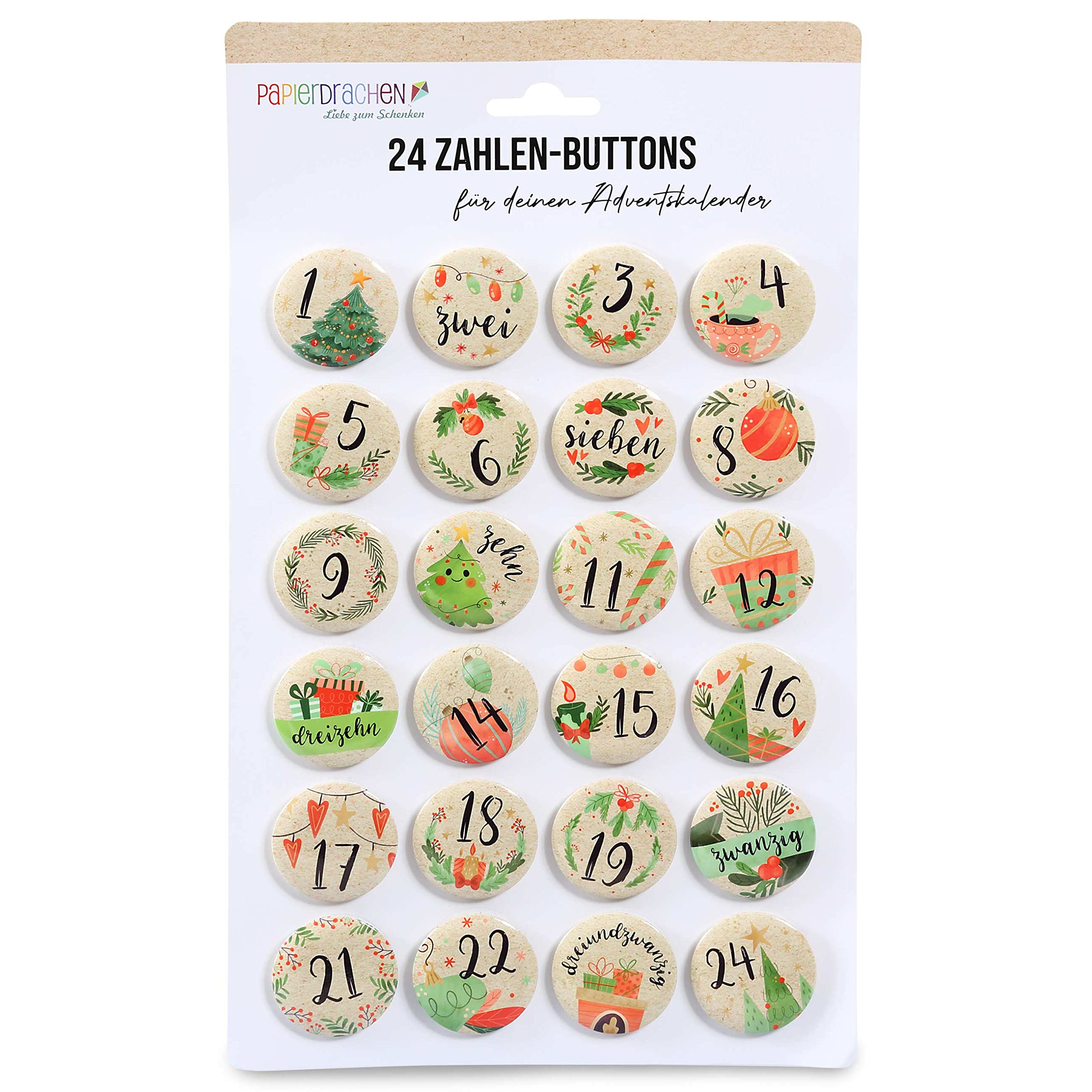 Papierdrachen Advent Calendar 2025 - Number Buttons - Lapel Pins (24 Pieces) 35 mm - in Watercolour Design - for Decorating Fabric Bags & Bags