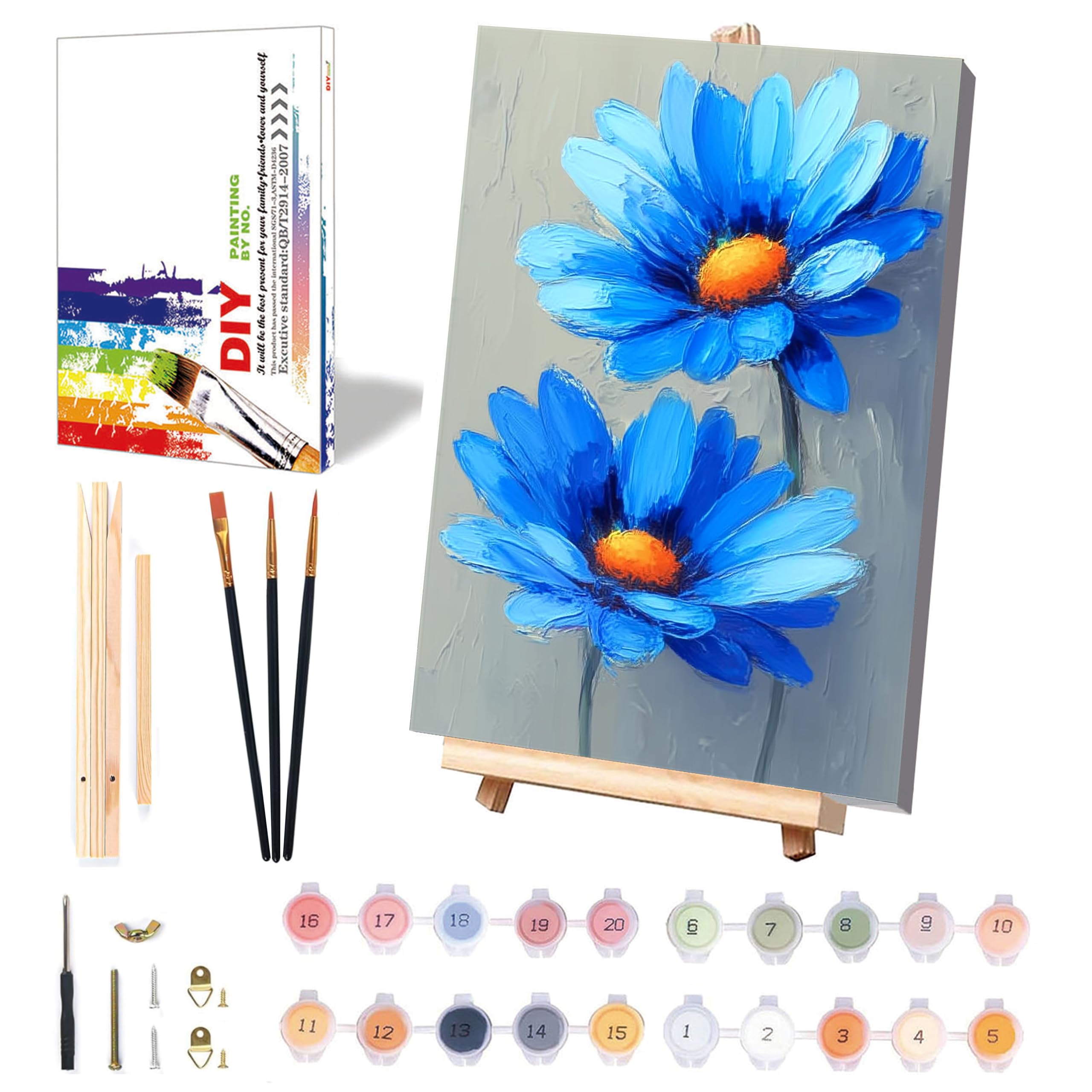 Easy Flower Paint by Numbers for Adults with Framed Canvas & Wooden Easel, Flowers Adult Painting by Number Kit on Canvas, DIY Acrylic Oil Painting Kit with Brushes for Home Wall Decor 8x12 inch