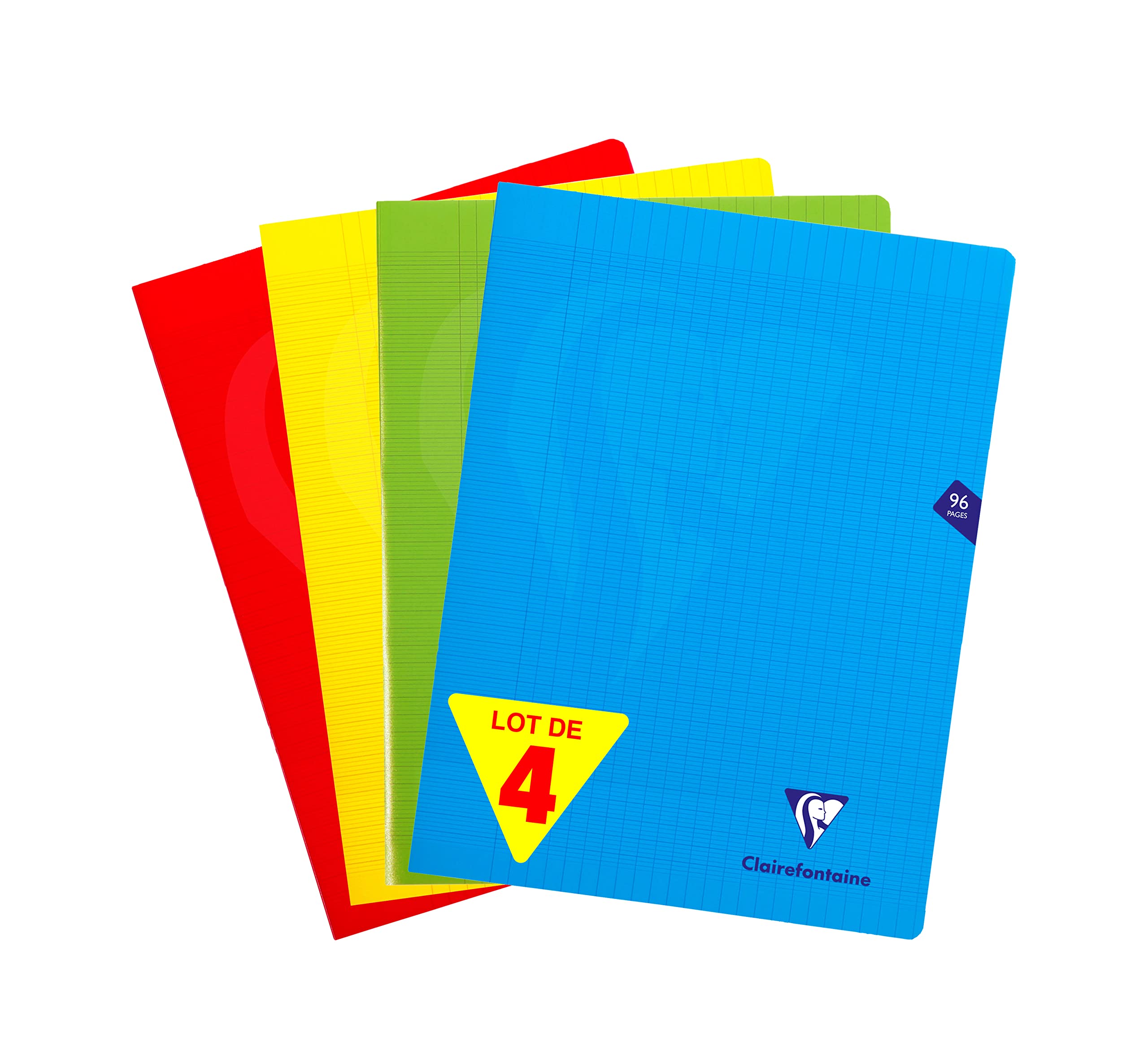 Clairefontaine 293361AMZ Set of 4 Mimesys Stapled Notebooks - 24x32 cm - 96 Large Square Pages - White Paper 90 g - Ast Covers (Blue, Red, Yellow + Green)