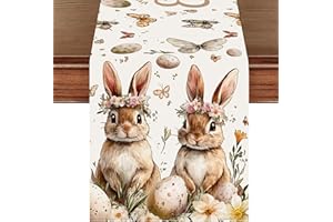 Pwsap Easter Table Runner,Linen Bunny Egg Butterfly Happy Easter Table Runner Seasonal Spring Anniversary Holiday Kitchen Hom