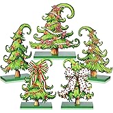 Pinkunn 5 Pcs Whimsical Christmas Table Decorations Wooden Lime Green Christmas Tree Table Centerpieces Lime Green Xmas Tree Wood Sign for Home Tabletop Ornament Holiday Xma Party Tiered Tray Decor