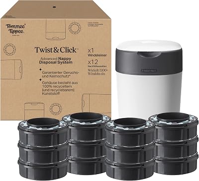 Twist & Click Advanced Windeleimer, mit 12-er Pack Nachfüllkassetten mit einer mehrschichtigen, antibakteriellen Folie gefüllt, Weiß (Verpackung kann variieren)