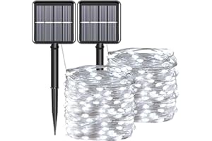 YAOZHOU Solar Fairy String Lights for Outside, Outdoor Waterproof, Cool White 2Pack Total 200LED 66Ft 8 Modes Mini Mini Small Solar Powered Lights for Christmas, Garden, Patio, Fence, Balcony