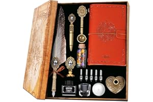 Aifeiter Feather Pen Ink Set,Includes Quill Pen,Notebook,Ink,5 Replaceable Nibs,Pen Holder,Cup,Seal Stamp,Spoon,Wax Bead,White Wax,Envelope & Letter Paper Etc.Feather Calligraphy Pen Set-Grey