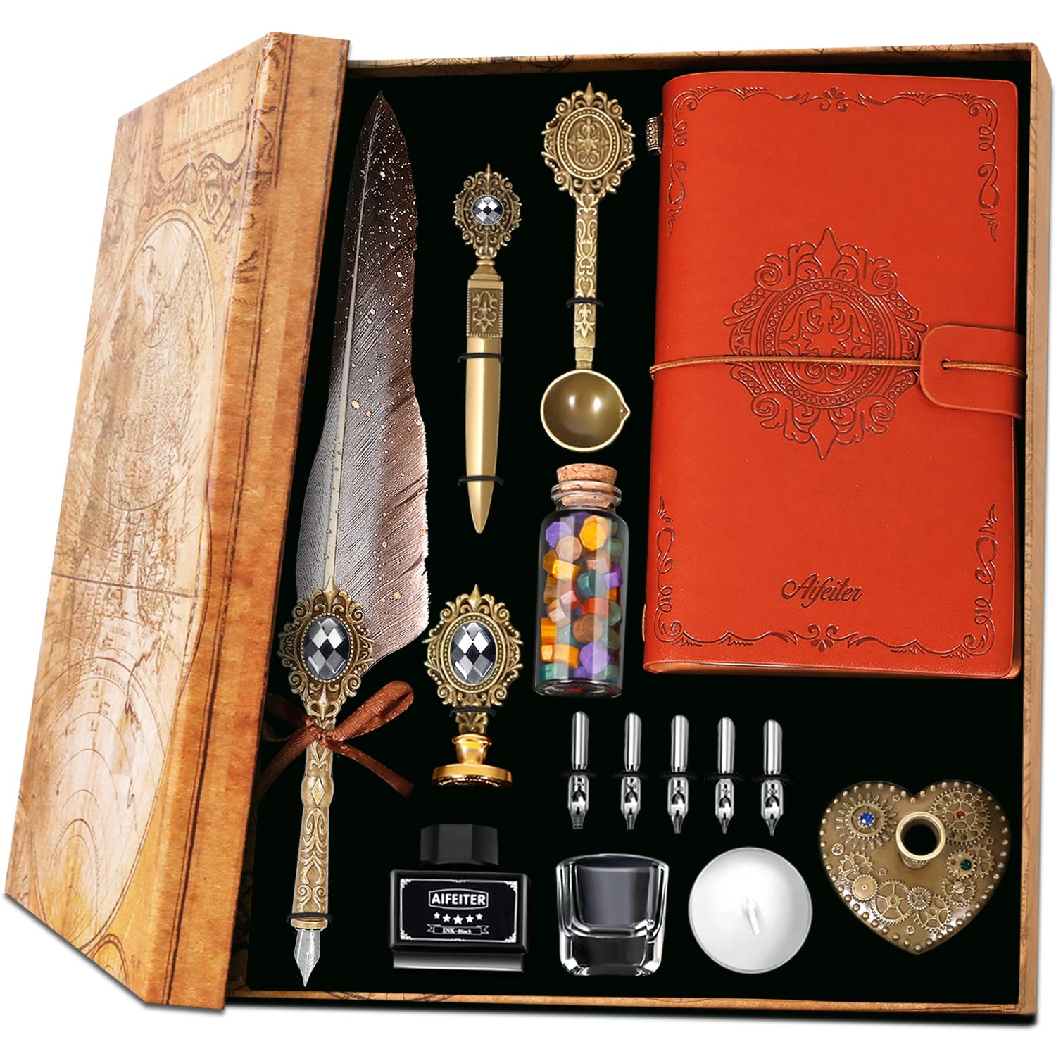 MPRINCE Feather Pen Ink Set,Includes Quill Pen,Notebook,Ink,5 Replaceable Nibs,Pen Holder,Cup,Seal Stamp,Spoon,Wax Bead,White Wax,Envelope & Letter Paper Etc-Grey