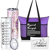 Patelai 3 Pcs Physical Therapist Appreciation Gift Set 20 oz Stainless Steel Tumbler with Straw Brush Canvas Cosmetic Bag Tote Bag for Staff Colleagues World Physical Therapist Day(Purple)
