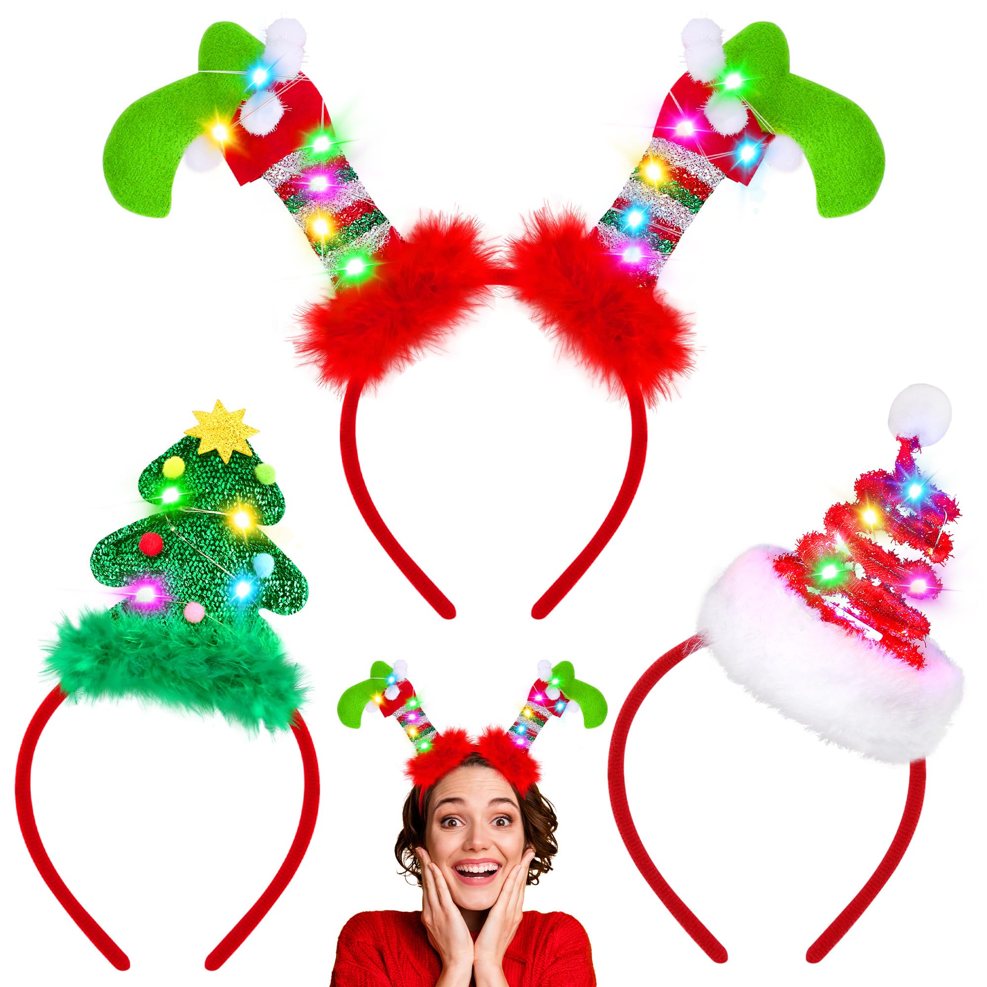 Aodaer 3 Pack Christmas LED Headbands Holiday Light Up Costume Tree Elf Headwear Glowing Hair Hoop for Christmas Party Favors
