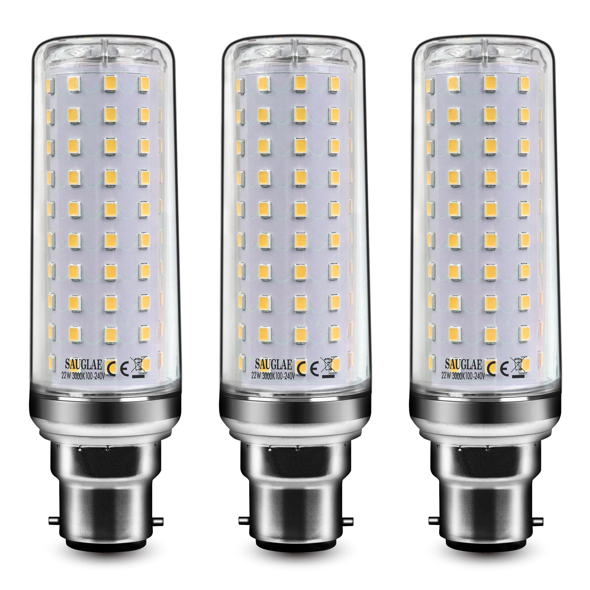 SAUGLAE 22W LED Light Bulbs, 180W Incandescent Bulbs Equivalent, B22d Bayonet Cap, 2500Lm, Warm White 3000K, Pack of 3
