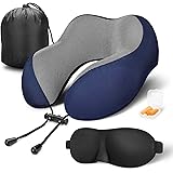 MLVOC Travel Pillow 100% Pure Memory Foam Neck Pillow, Comfortable & Breathable Cover, Machine Washable, Airplane Travel Kit 