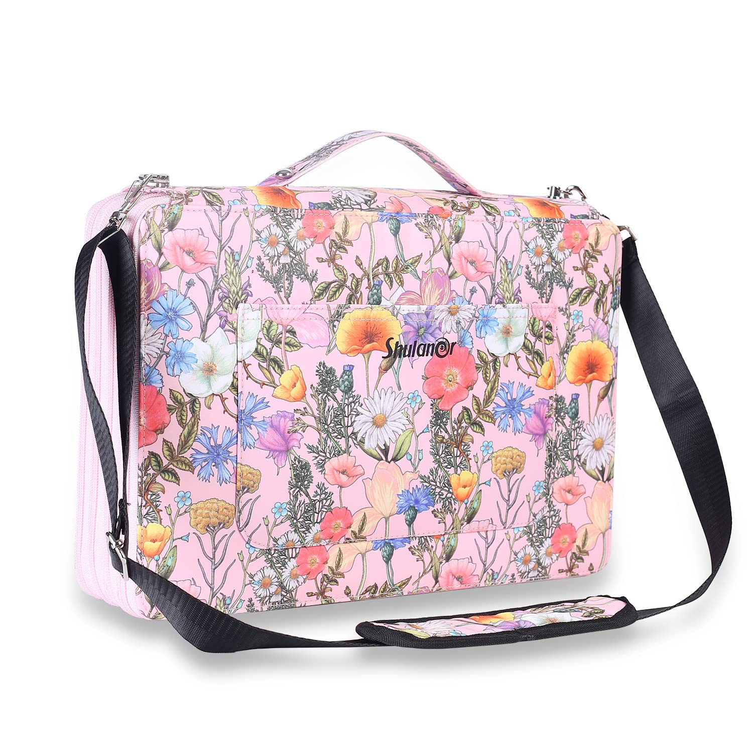 Shulaner 384 Pencil Case, 128 Large Slots Holds 384 Pencils or 256 Gel Pens with 4 Layer Zipper Closure Large Capacity Slots Pen Organizer - Pink Flower
