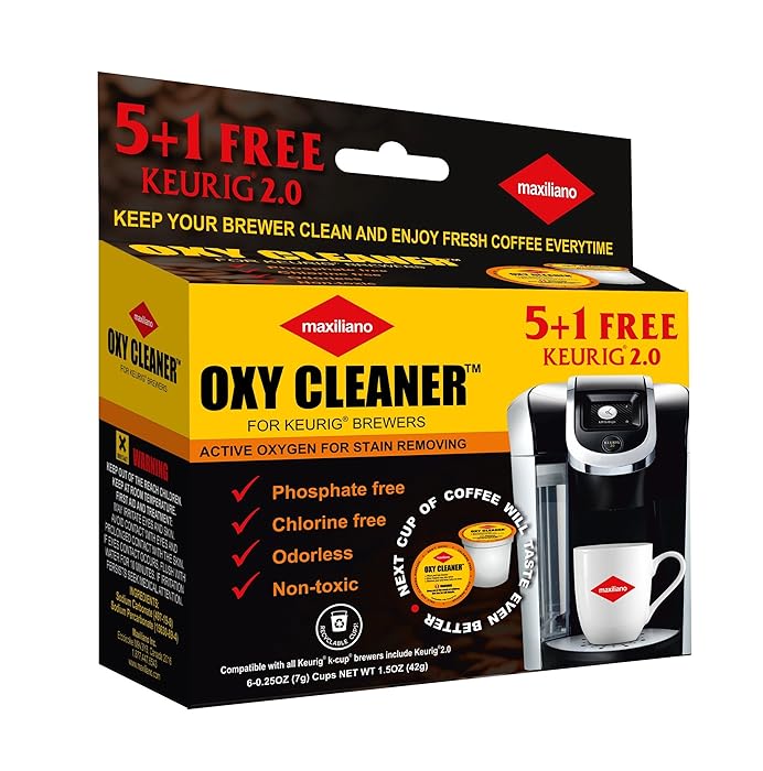 Maxiliano Cleaning Pods Compatible with K-Cup 2.0 Keurig, Stain Remover, Biodegradable, Non Toxic, 6 Cups Count per Pack.