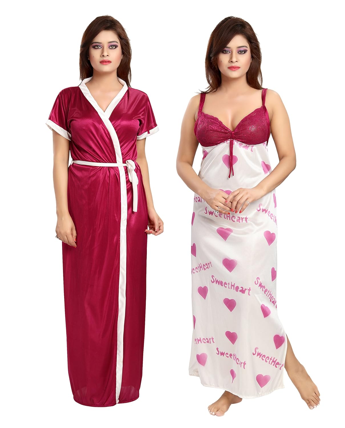shopping station women's satin combo of night with robe (light pink_free size)