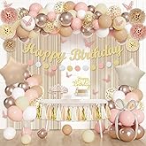 Ouddy Life Birthday Decorations for Women Girls, Neutral Foil Star Balloons Happy Birthday Circle Dots Banner Fringe Curtains Cake Topper Butterfly Paper Pompoms for Baby Shower Party Supplies