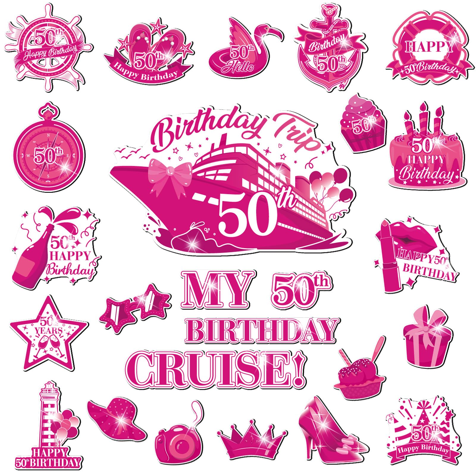 Photo 1 of 50th Birthday Cruise Door Magnets Decorations, Hot Pink Happy 50th Birthday Cruise Ship Door Decor Magnetic for 50th Women Men Anniversary Party Supplies Favors Door Refrigerator Fridge Car Kitchen
