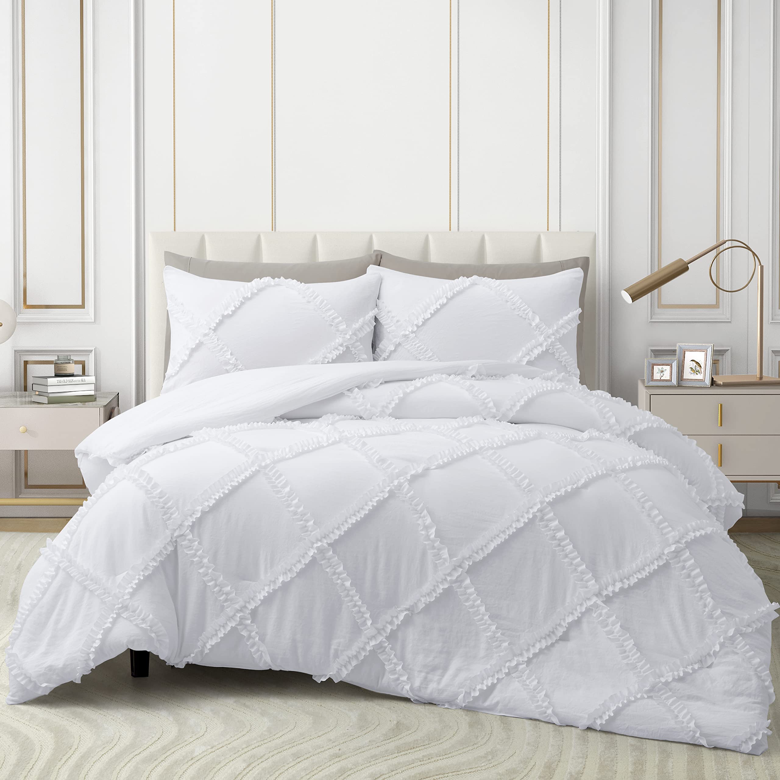 Photo 1 of Bonlino Queen Comforter Set Soft Bedding - 3 Pcs Tufted Decor Fluffy Comforter Boho Bed in a Bag with Cute Lightweight Pillowcase for Dorm Farmhouse Bedroom Luxury Gift(White)