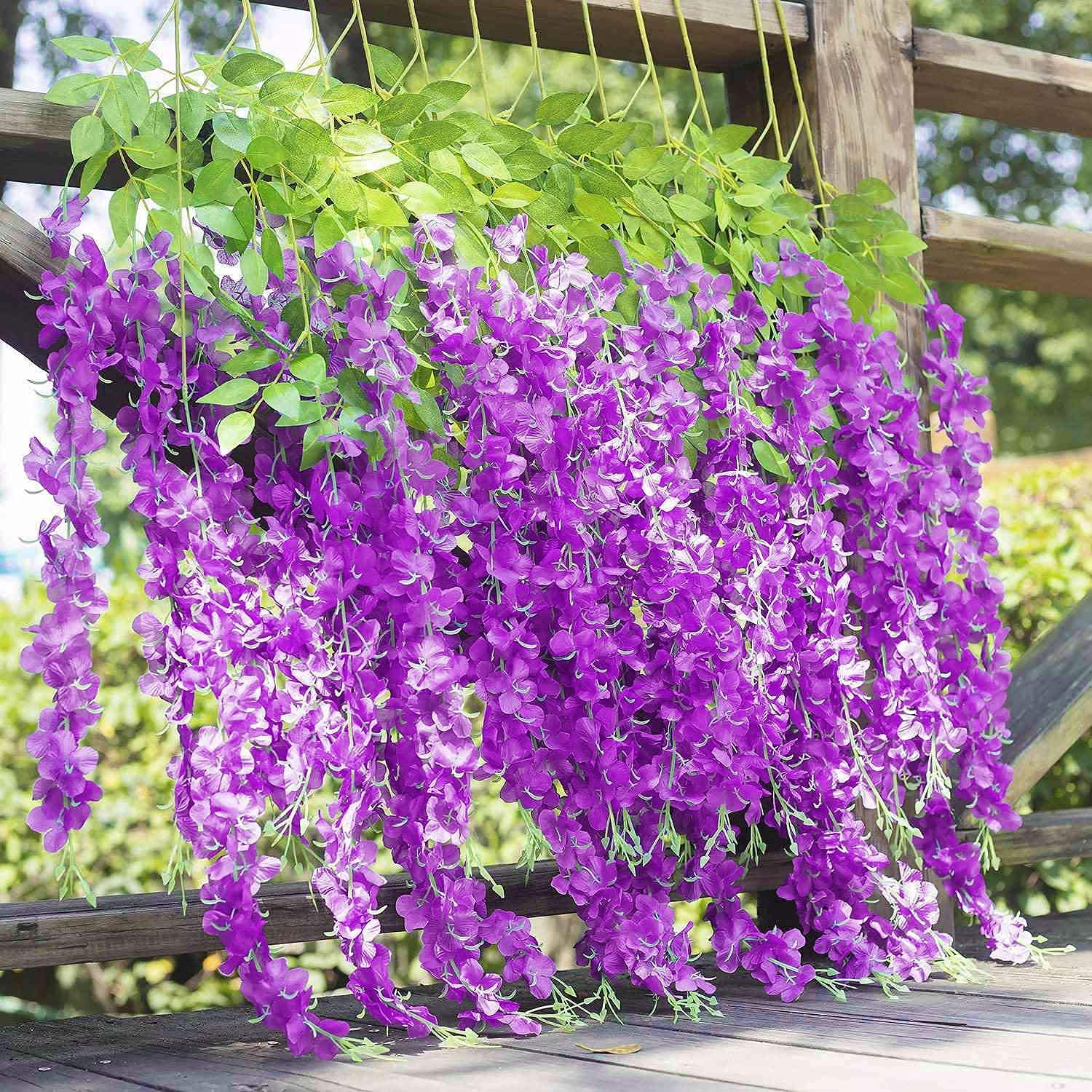 WARMY 8 Pack Artificial Wisteria Hanging Flowers Fake Wisteria Garland Wisteria Artificial Flowers Fake Wisteria Vine Purple Wisteria Plant for Outdoor Wedding Home Garden Flower Garland Décor(Purple)