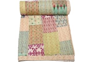 Marubhumi Indian Handmade Quilt Indian Silk Sari Kantha Quilted Patchwork (Beige, King (108"x 108"))
