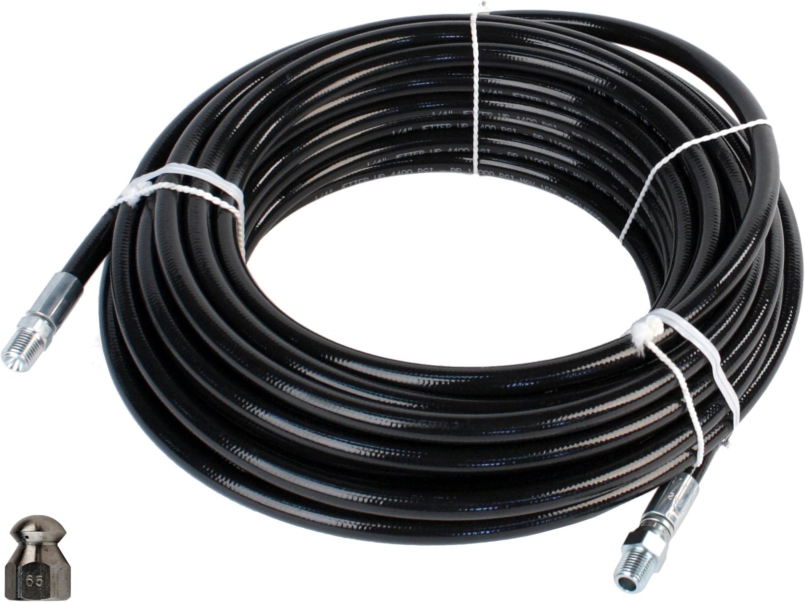 Schieffer 1/4in. x 100ft. 4400 PSI Thermoplastic Sewer Jetter Hose & 6.5 Orifice Button Nose Nozzle