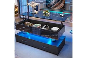 SEDETA 40" Lift Top Coffee Table, Coffee Tables with Storage for Living Room, Small Coffee Table with 2 Drawers & LED Light for Dining Reception Room, Black Marble