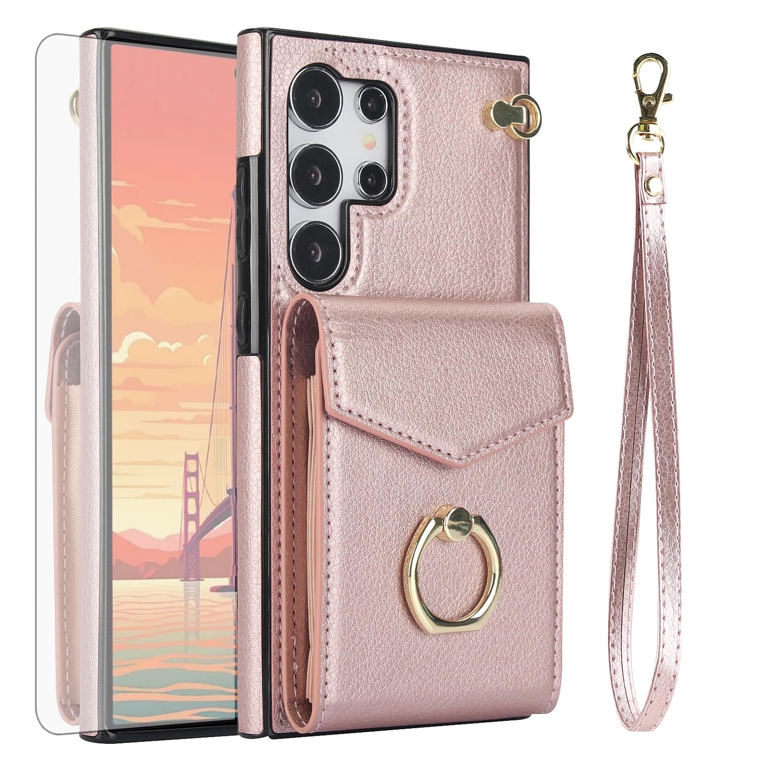 Photo 1 of Asuwish Phone Case for Samsung Galaxy S24 Ultra 5G Wallet Cover with Tempered Glass Screen Protector and RFID Blocking Ring Stand Credit Card Holder Cell S24Ultra 24S S 24 24Ultra Women Men Rose Gold