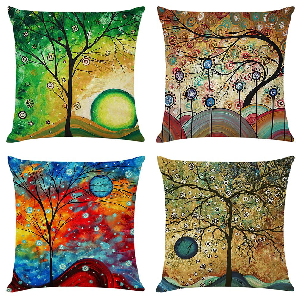NIULAA Cushion Covers 45 x 45 Set of 4 Colorful Trees Cushion Cover 18x18 Living Room Linen Sofa Cushions Luxury Decorative Pillow Cases for Outdoor Garden